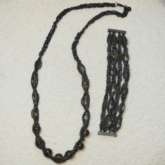 Talbots Necklace and Bracelet Set Gem Stone and Chain Black Silver OS - Picture 1 of 13